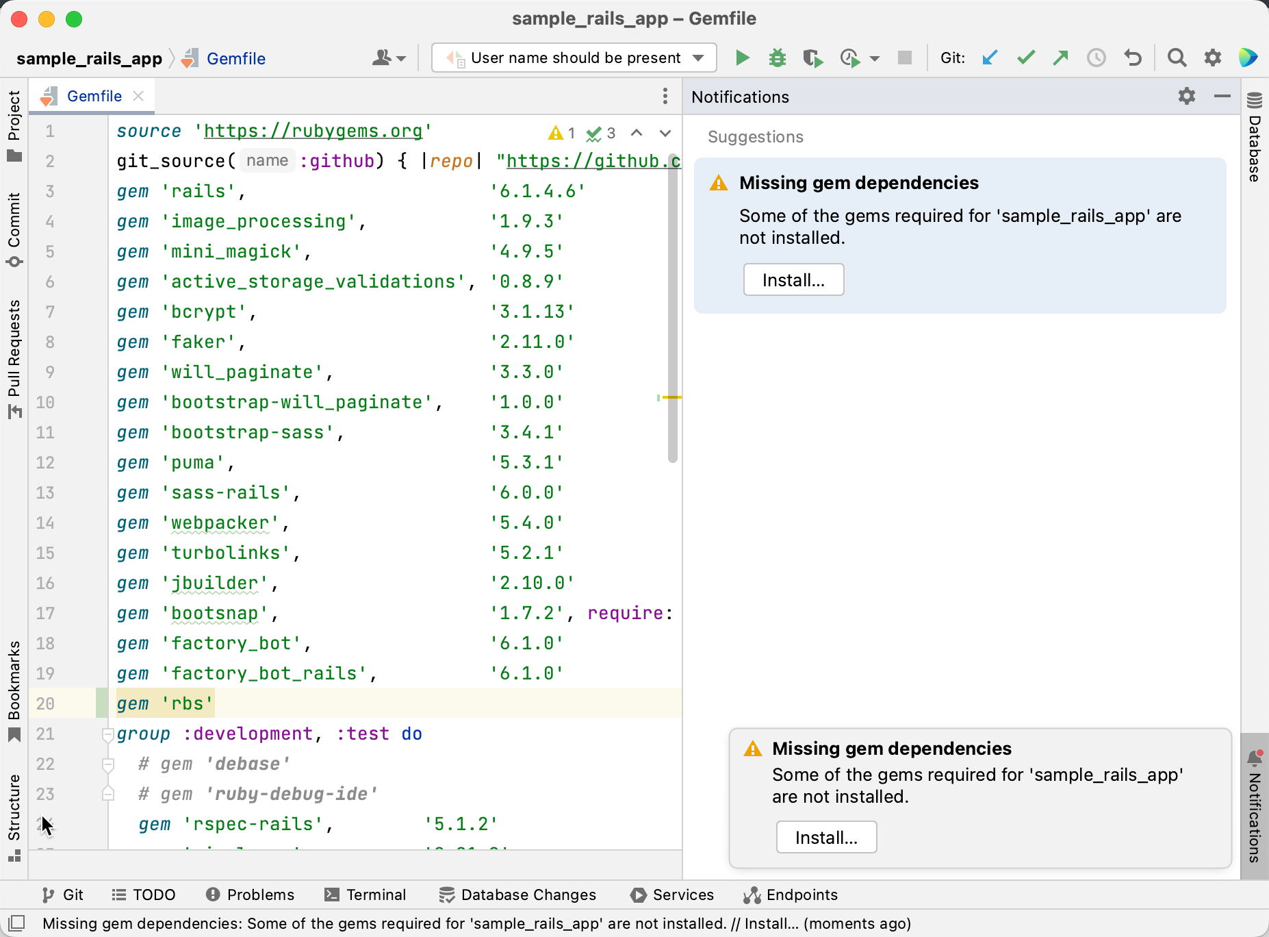 RubyMine の右下隅にインストールボタンが付いた、gem の依存関係が不足していることを警告する通知バルーン
