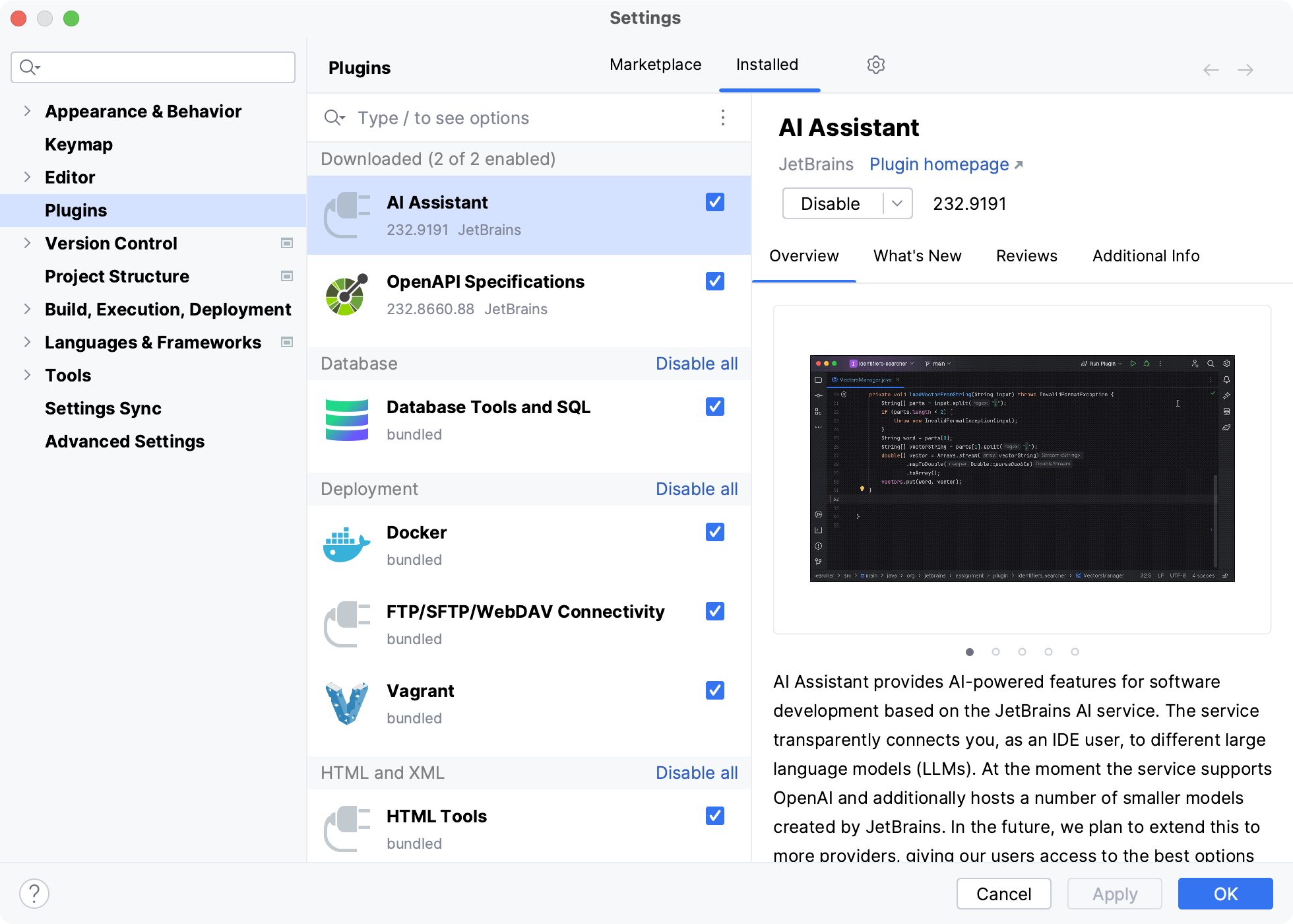 Plugins settings, Installed tab; AI Assistant plugin selected with its overview; bundled plugins listed by category below. Plugins settings, Installed tab; AI Assistant plugin selected with its overview; bundled plugins listed by category below.