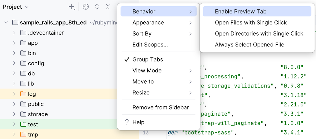 RubyMine Project view settings