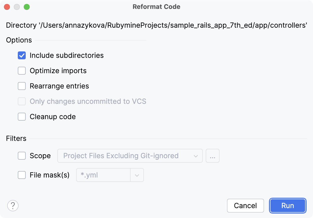 Reformat code dialog Reformat code dialog