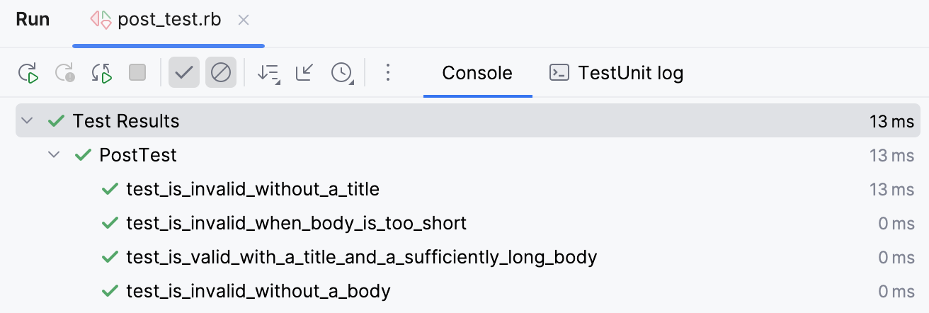Test results in Run tool window Test results in Run tool window