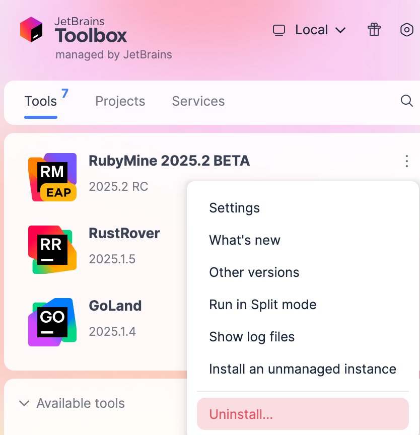 Toolbox アプリを使用して RubyMine をアンインストールする