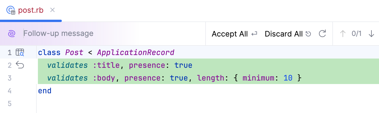 Reviewing code suggestions directly in the file Reviewing code suggestions directly in the file