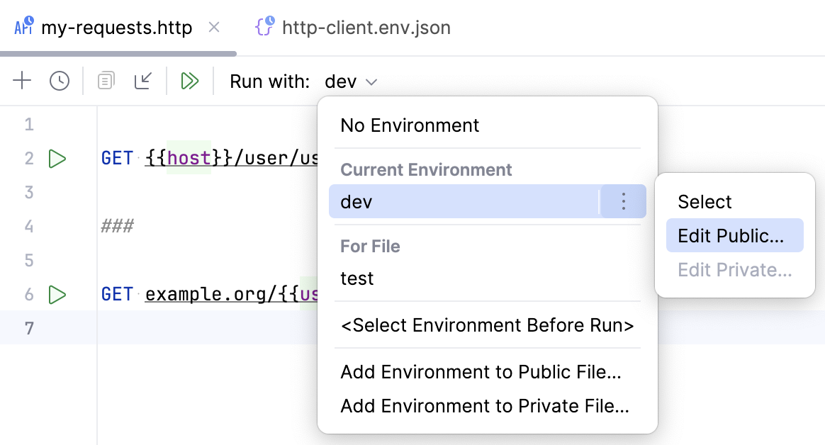 Run request: select environment Run request: select environment