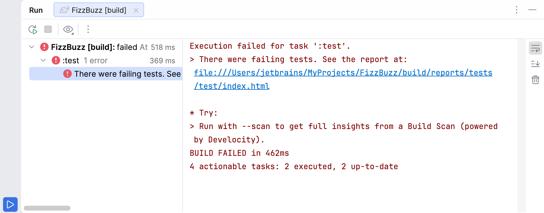 Run tool window: build with failed test Run tool window: build with failed test