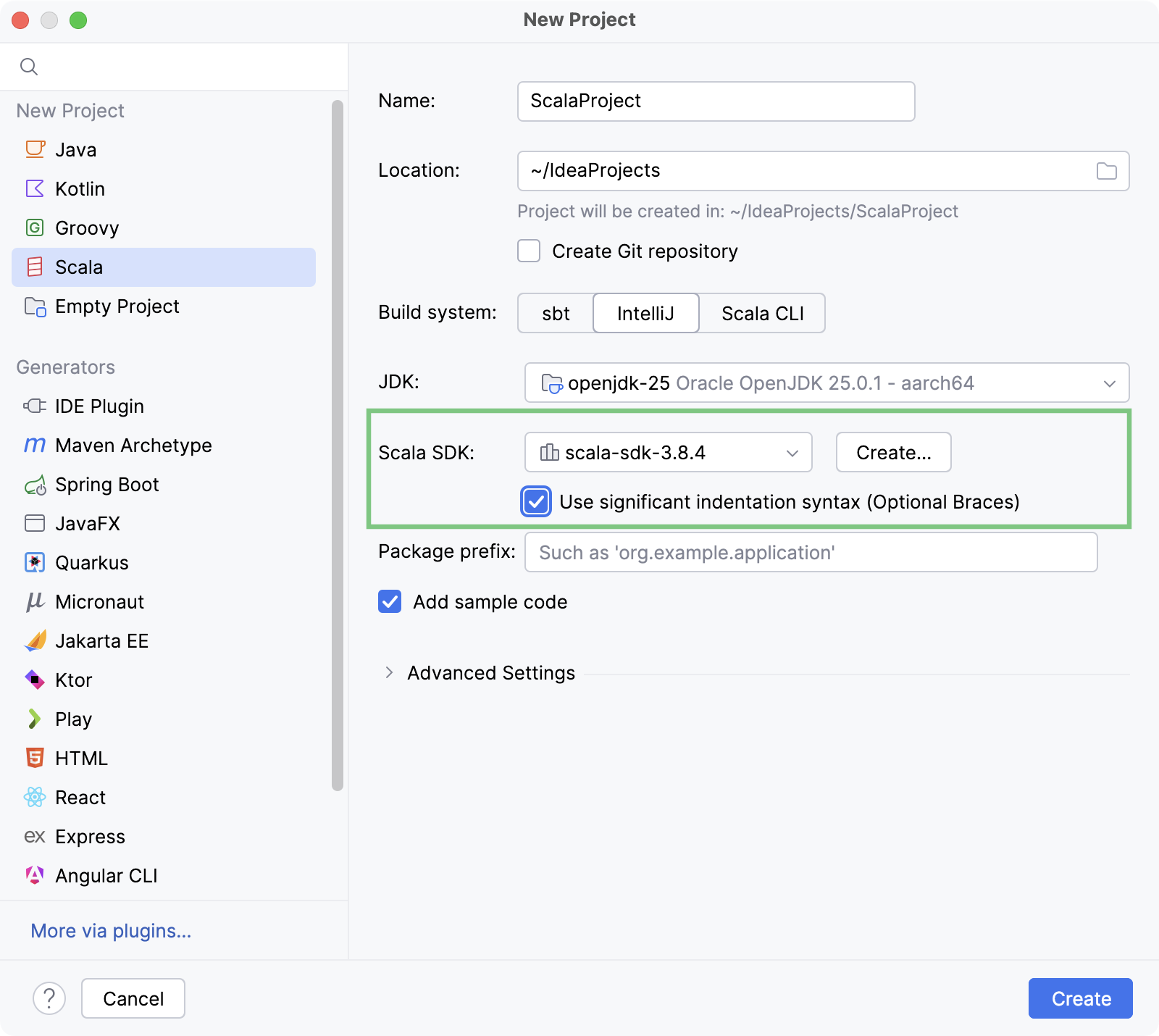 Scala 3 Significant
Indentation checkbox in the New Project wizard Scala 3 Significant
Indentation checkbox in the New Project wizard
