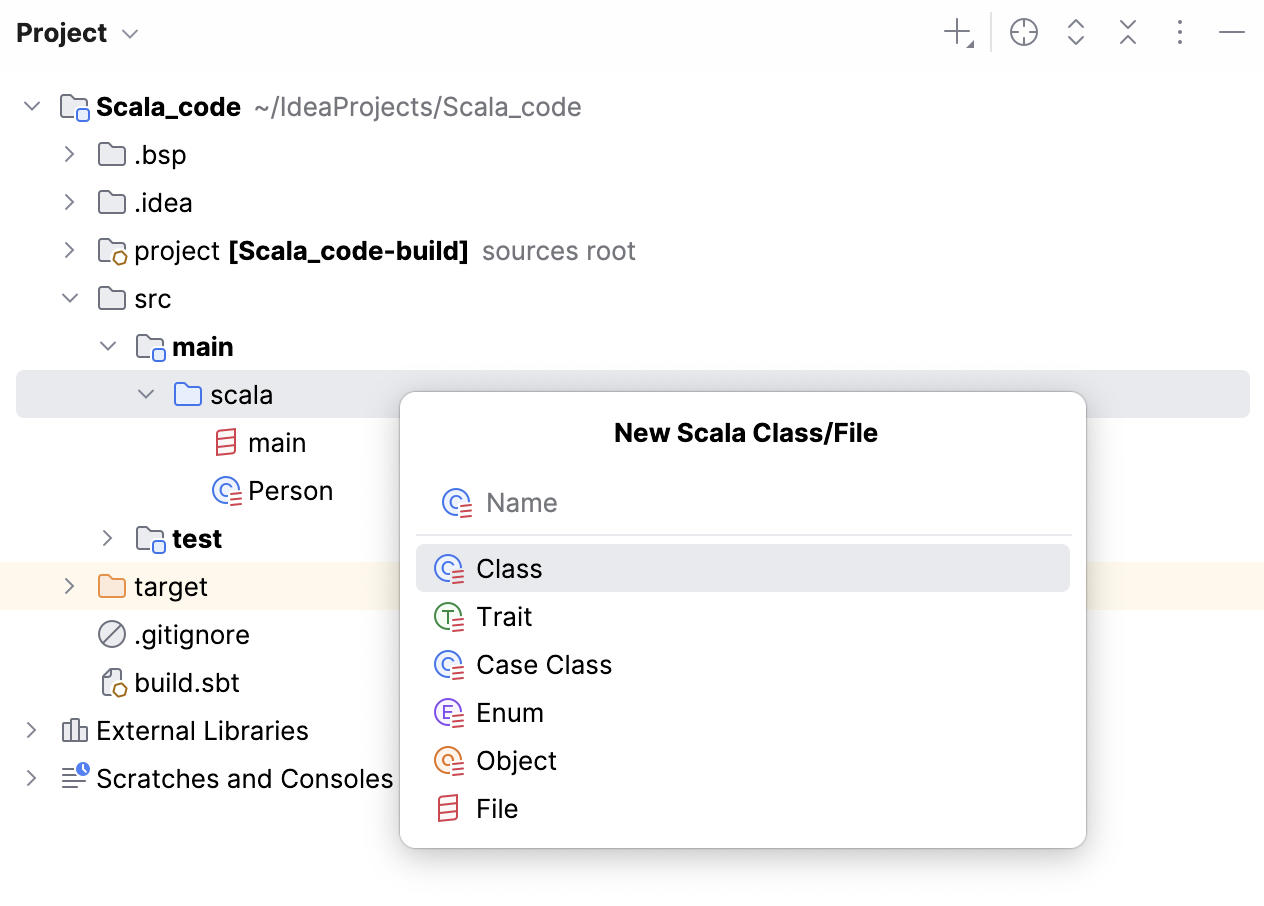 New Scala Class/File window New Scala Class/File window