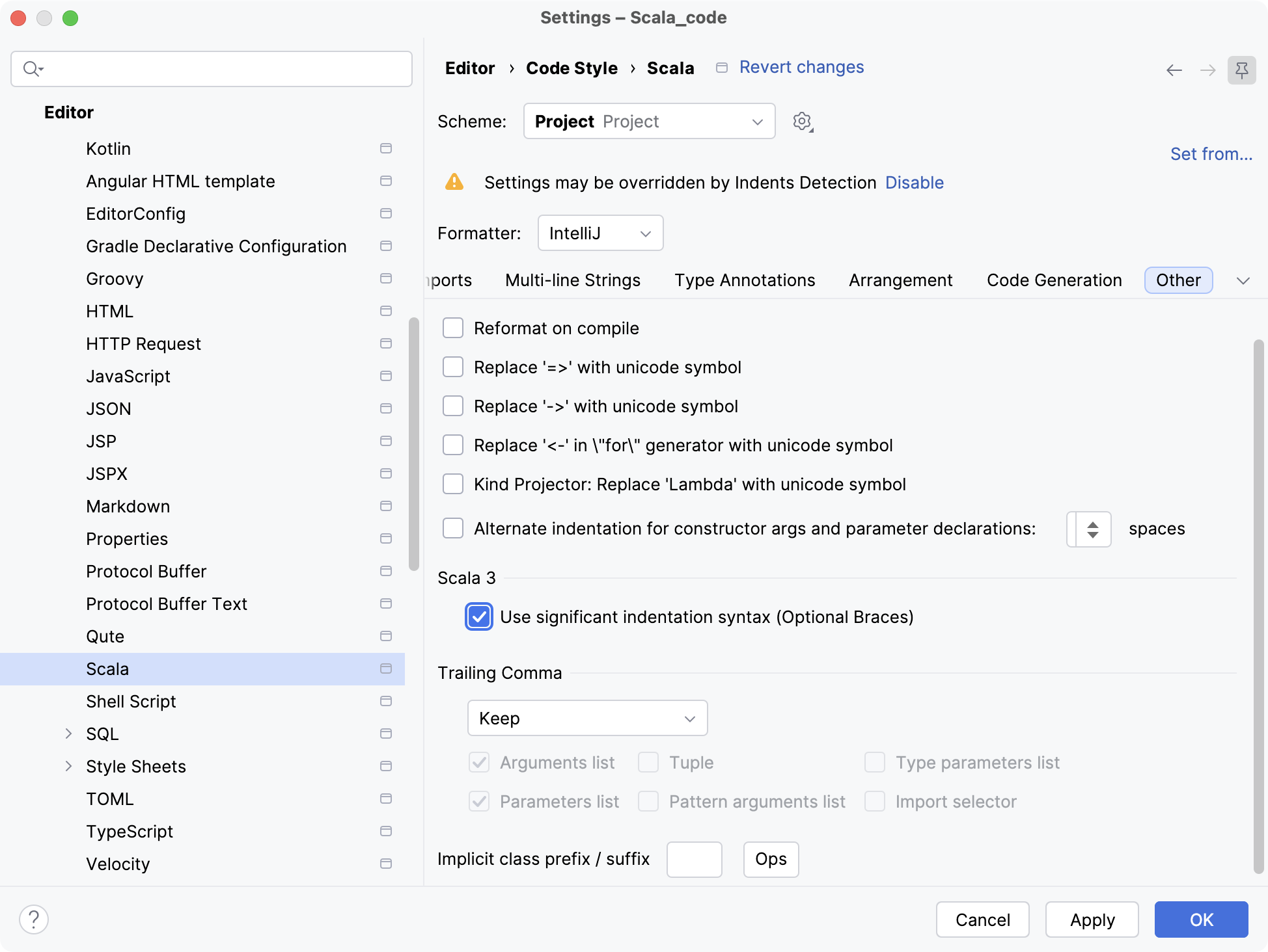 Scala 3 Significant
Indentation checkbox in Settings Scala 3 Significant
Indentation checkbox in Settings