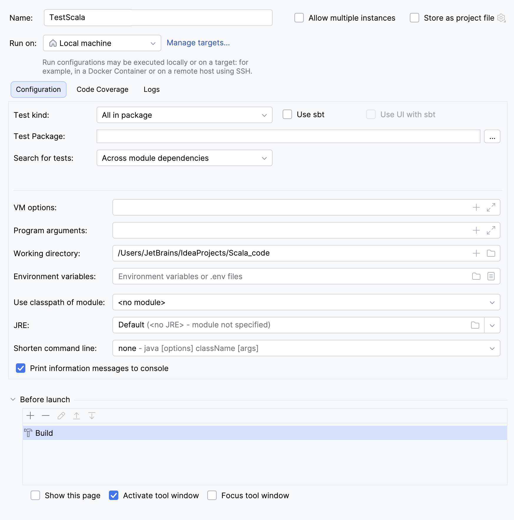 Test run configurations for Scala Test run configurations for Scala