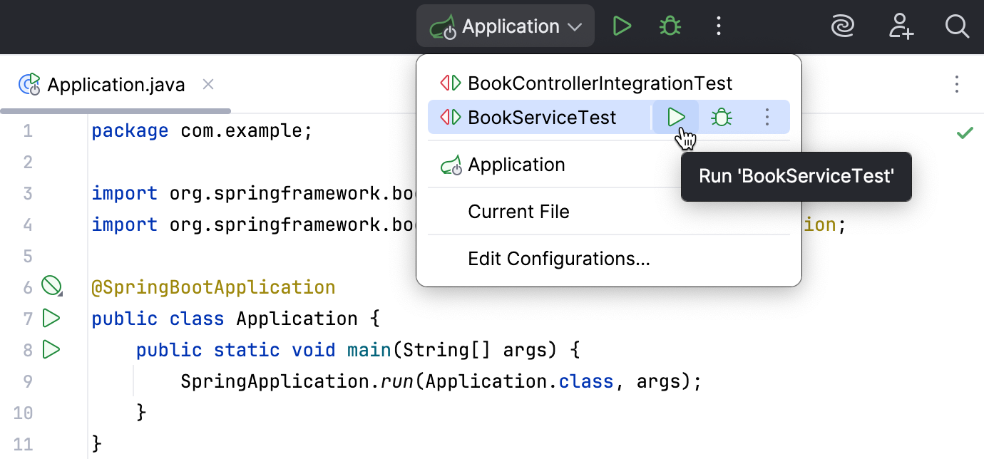'Run' button near a run configuration in the Run widget menu 'Run' button near a run configuration in the Run widget menu