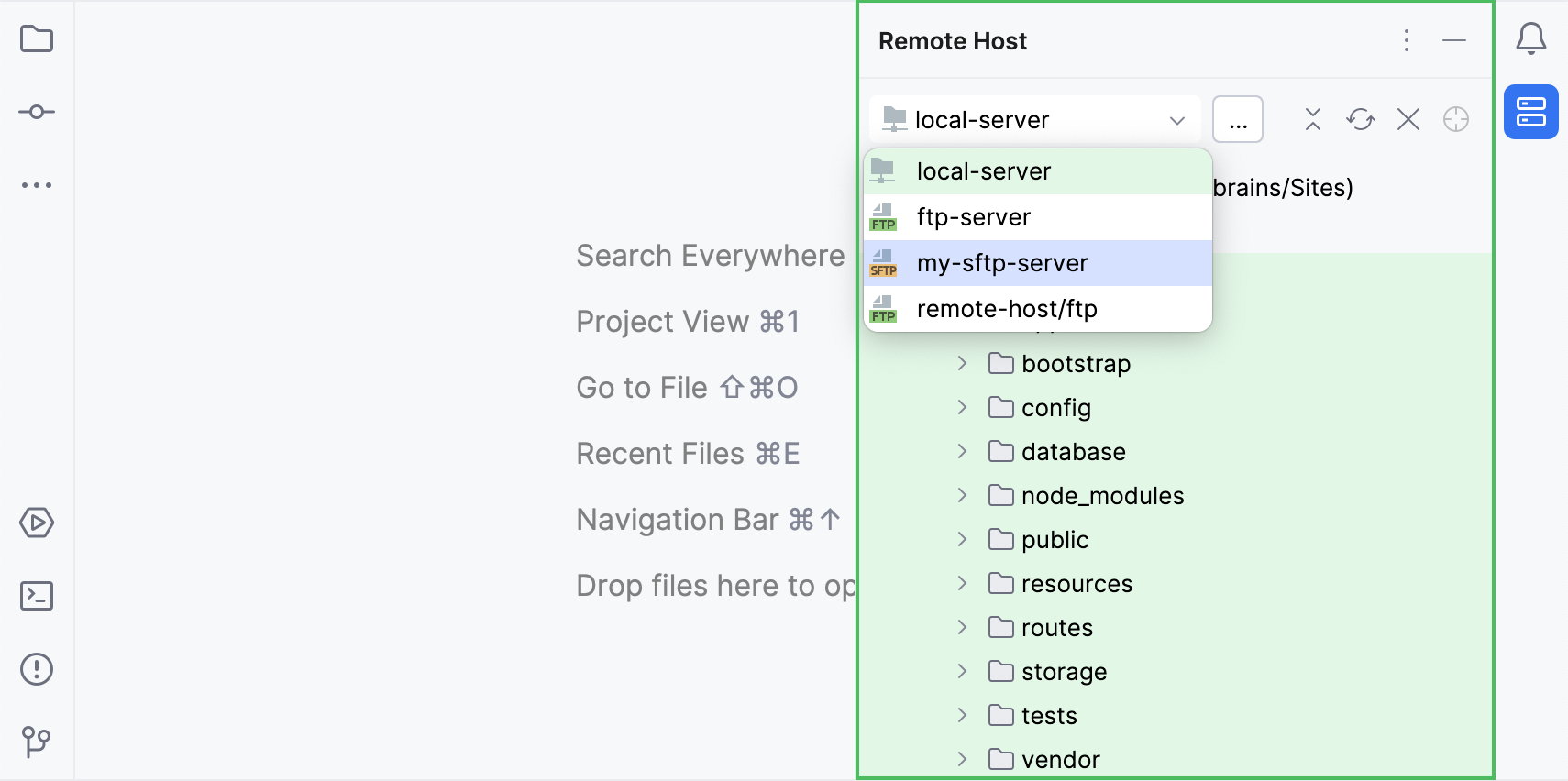 Open the Remote Host tool window and select the server Open the Remote Host tool window and select the server