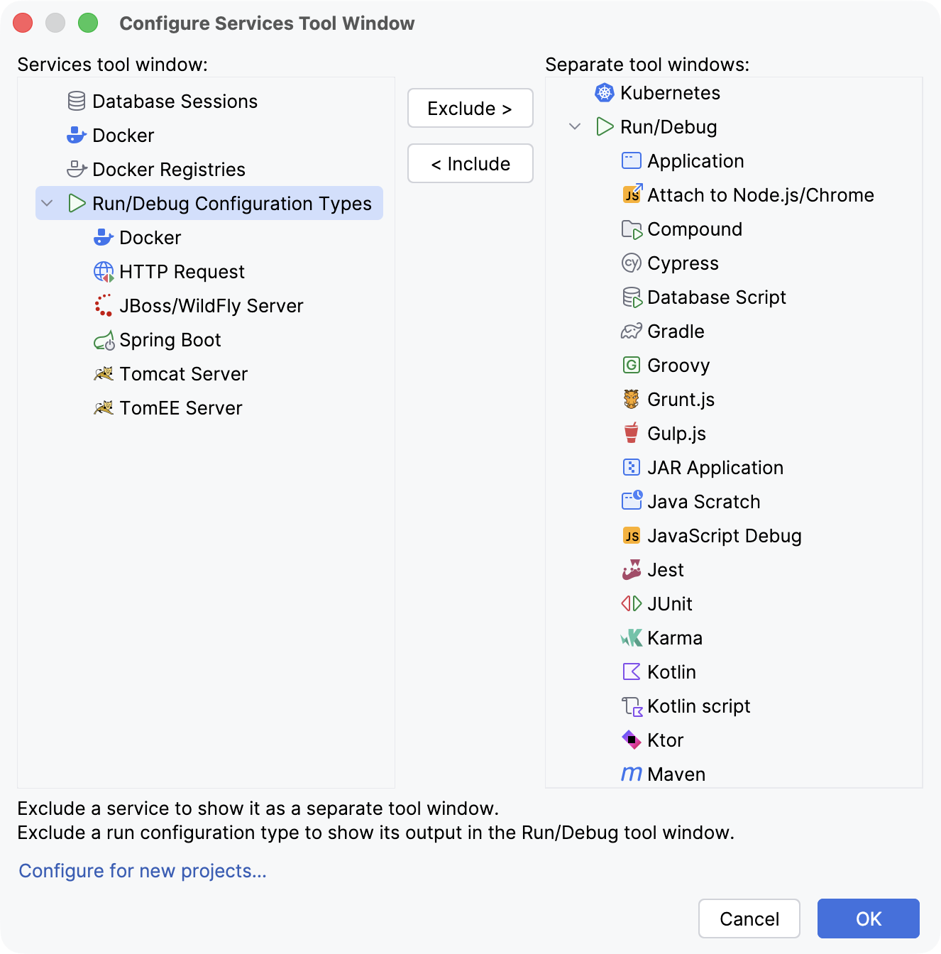 Configure Services tool window Configure Services tool window