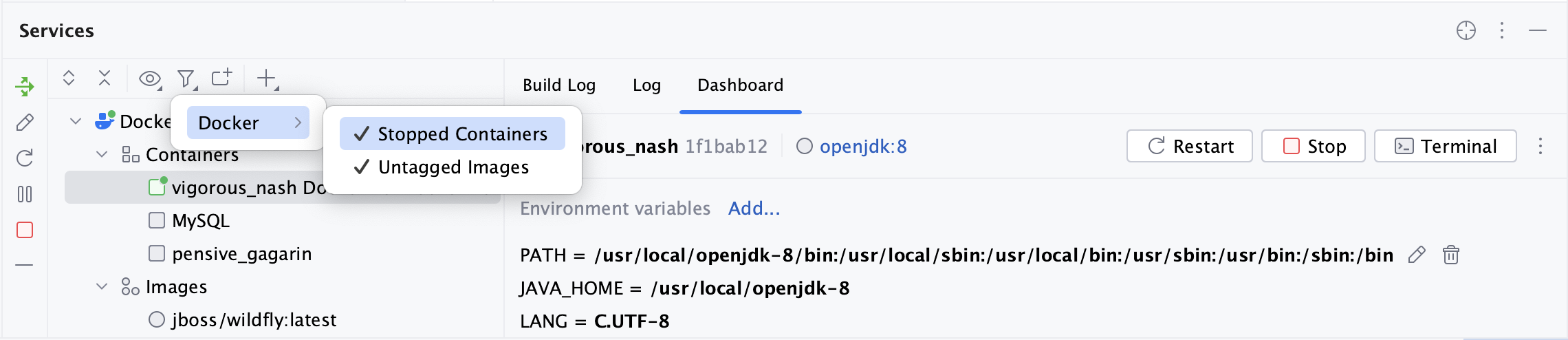 Services tool window - Docker - filter Services tool window - Docker - filter