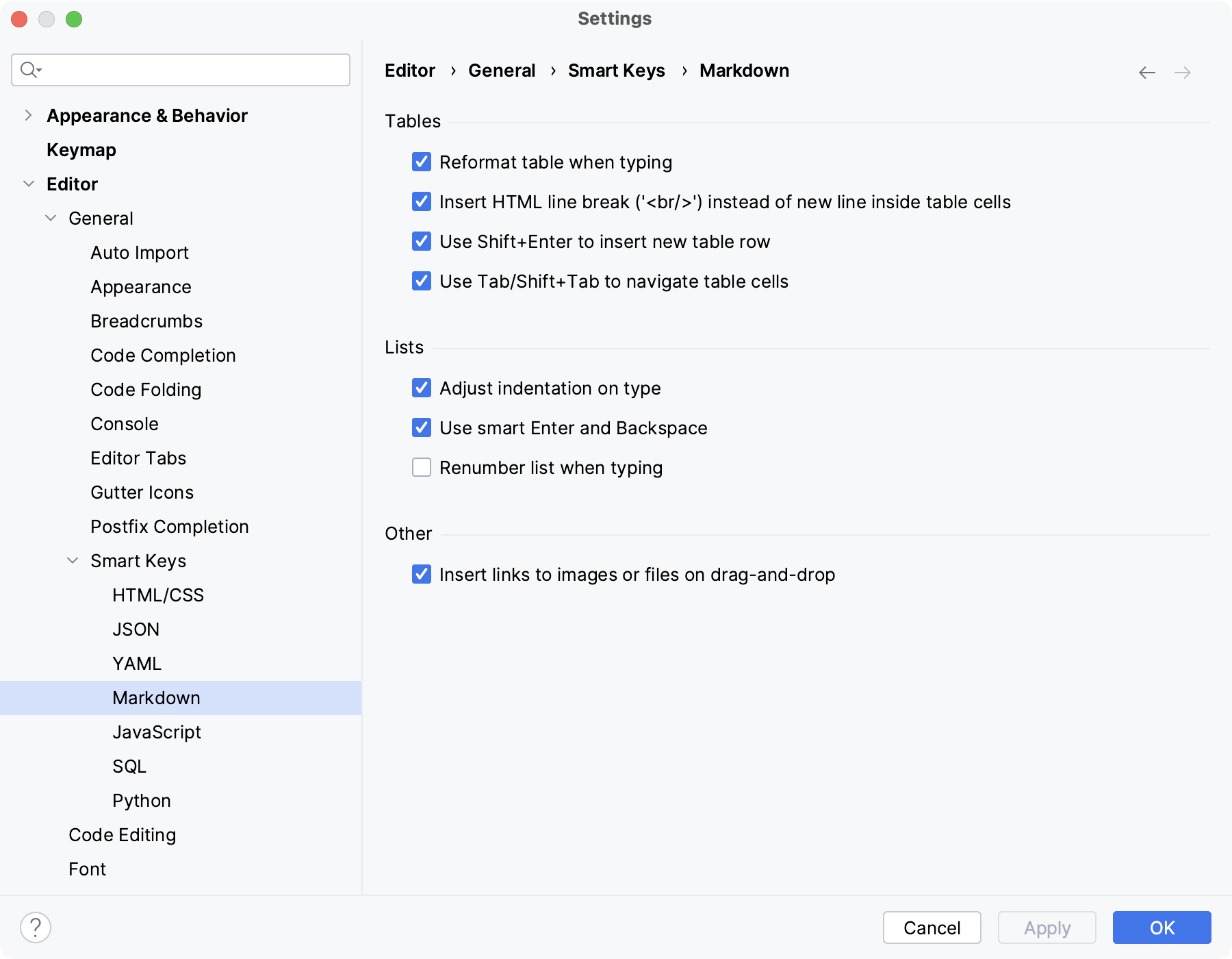 Settings | Editor | General | Smart Keys | Markdown Settings | Editor | General | Smart Keys | Markdown