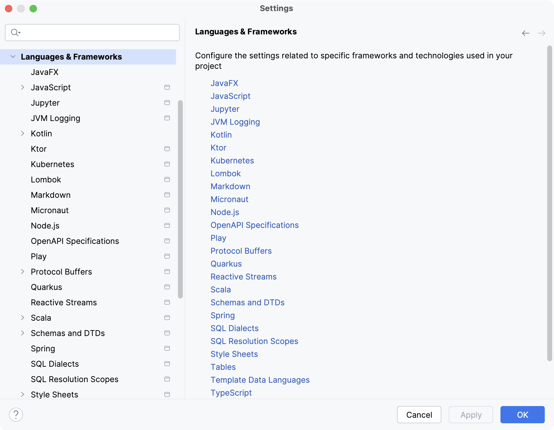 Settings: Languages and Frameworks Settings: Languages and Frameworks