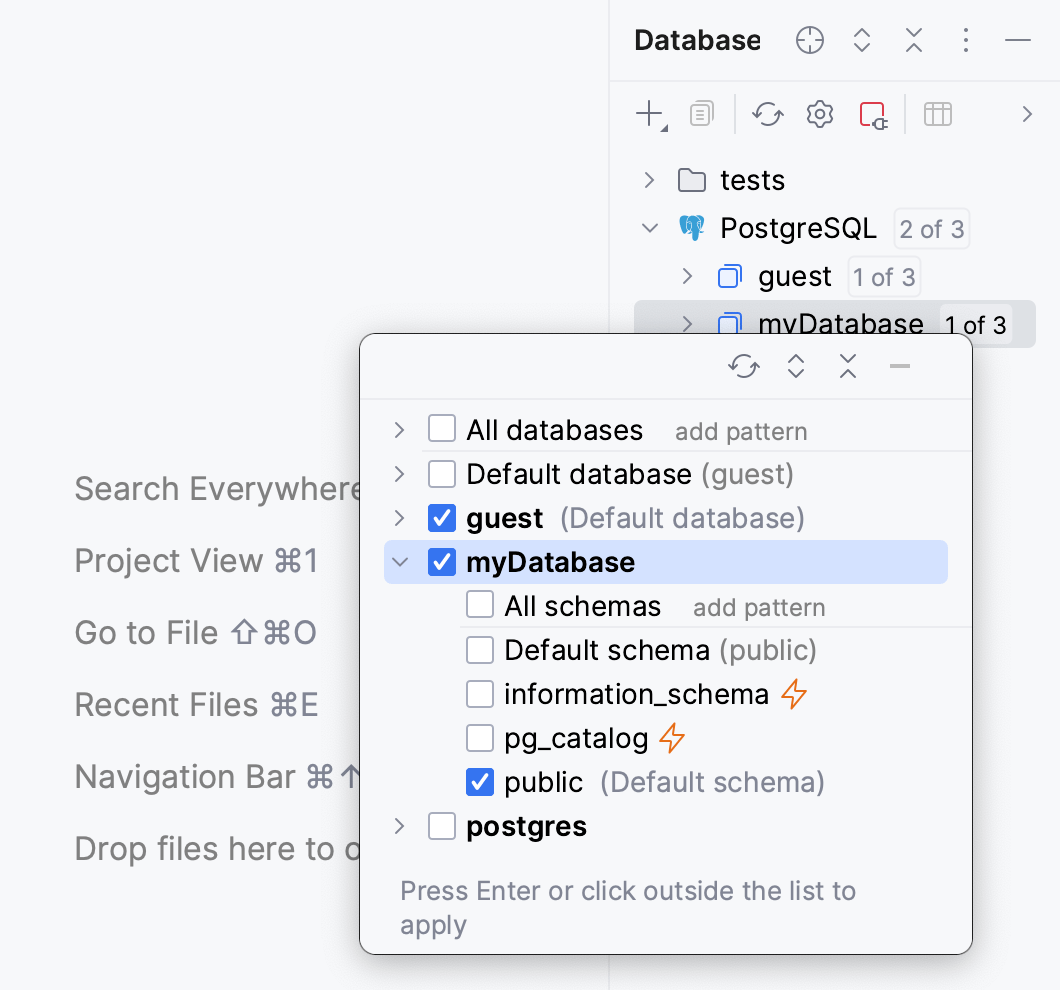 Show and hide schemas and databases Show and hide schemas and databases