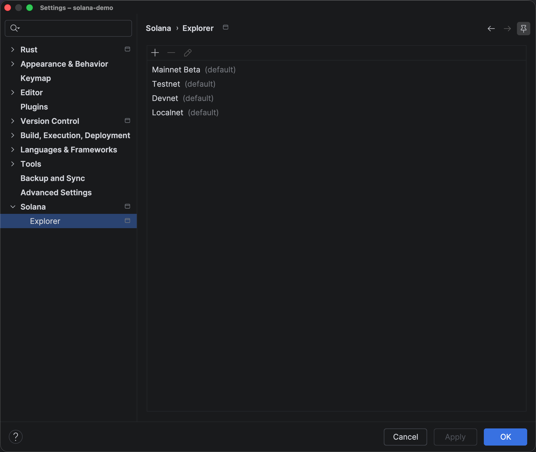 Solana Explorer settings with default networks and the Add Custom Network dialog