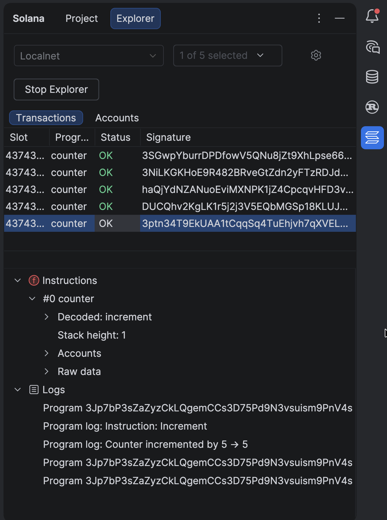 Transactions view showing the transaction list, decoded instruction details, raw data, and program logs