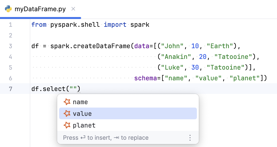 Column completion in PySpark Column completion in PySpark