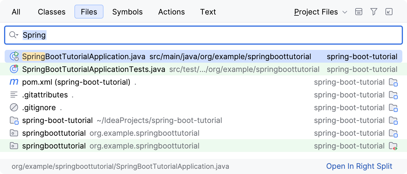 Go ToFile を使用して SpringBootTutorialApplication.java を開く
