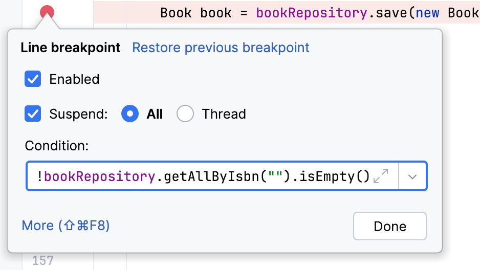 'Line breakpoint' popup with an expression in the 'Condition' field 'Line breakpoint' popup with an expression in the 'Condition' field
