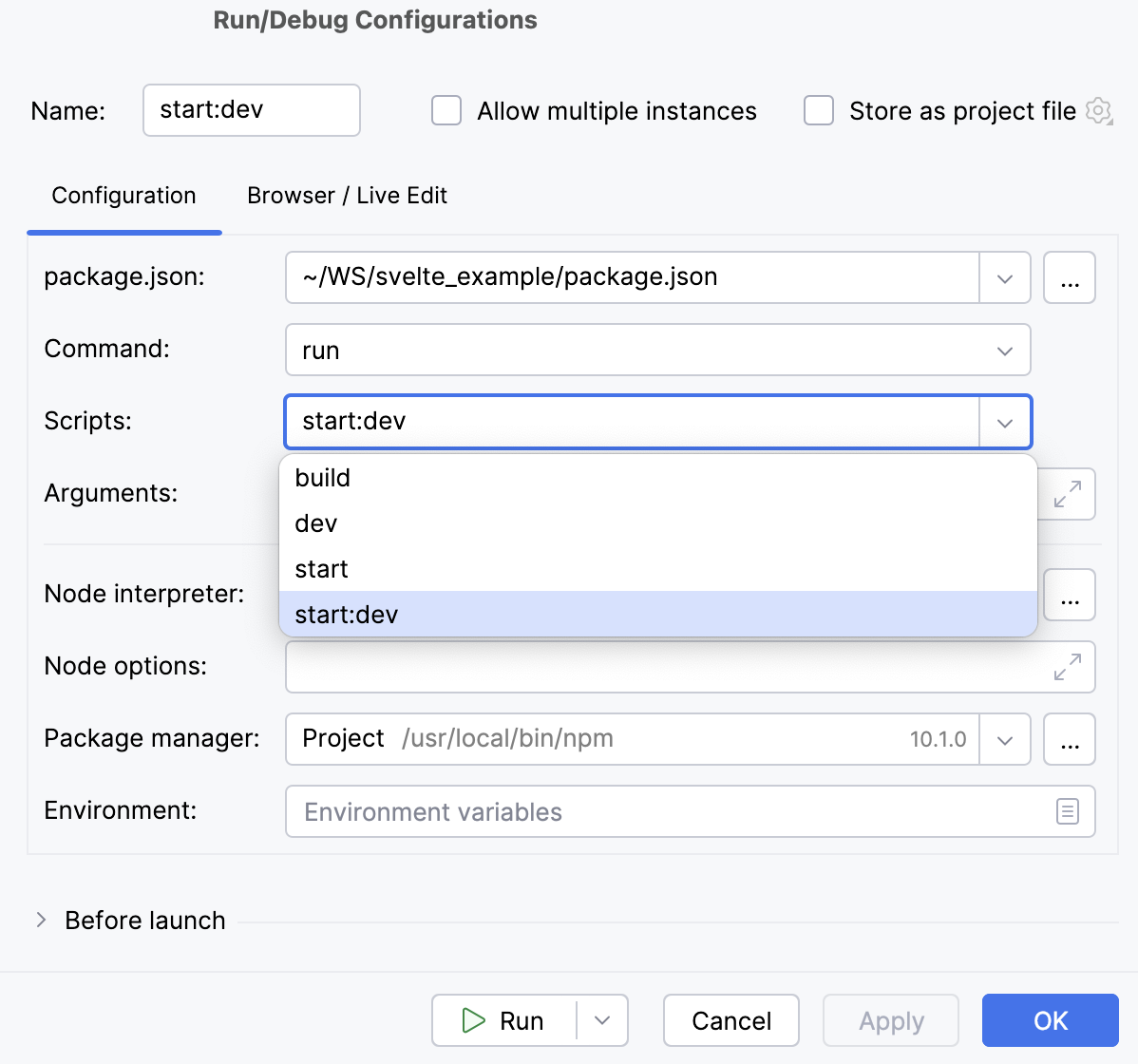 npm run/debug configuration: Configuration tab npm run/debug configuration: Configuration tab