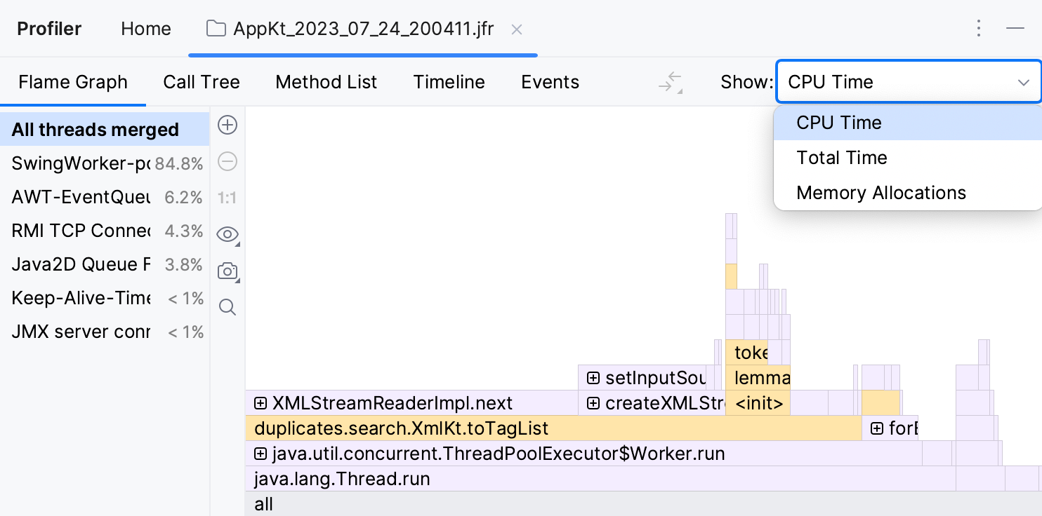The Show menu in the top-right corner of the Profiler tool window The Show menu in the top-right corner of the Profiler tool window
