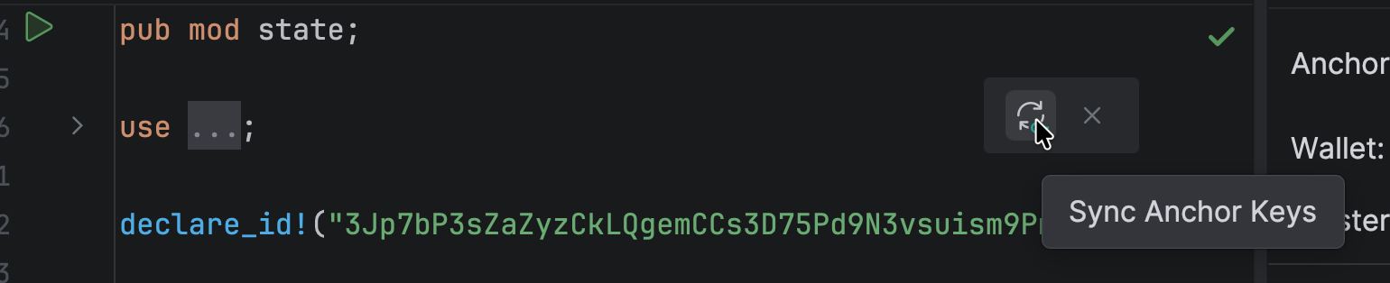 Sync Anchor Keys notification action in the RustRover editor