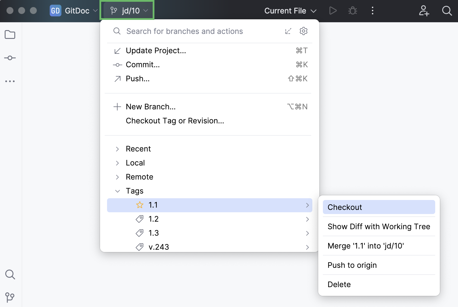 Tags node in the VCS widget Tags node in the VCS widget