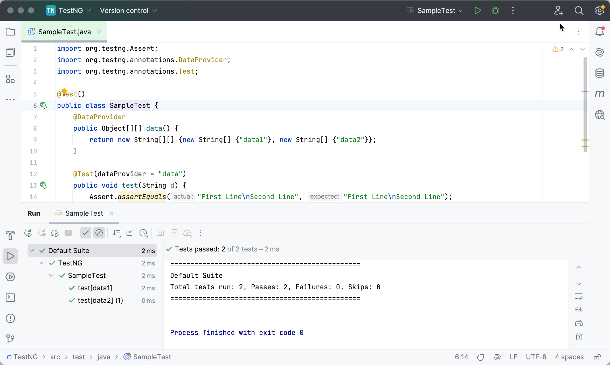 Viewing TestNG test results in Run tool window Viewing TestNG test results in Run tool window