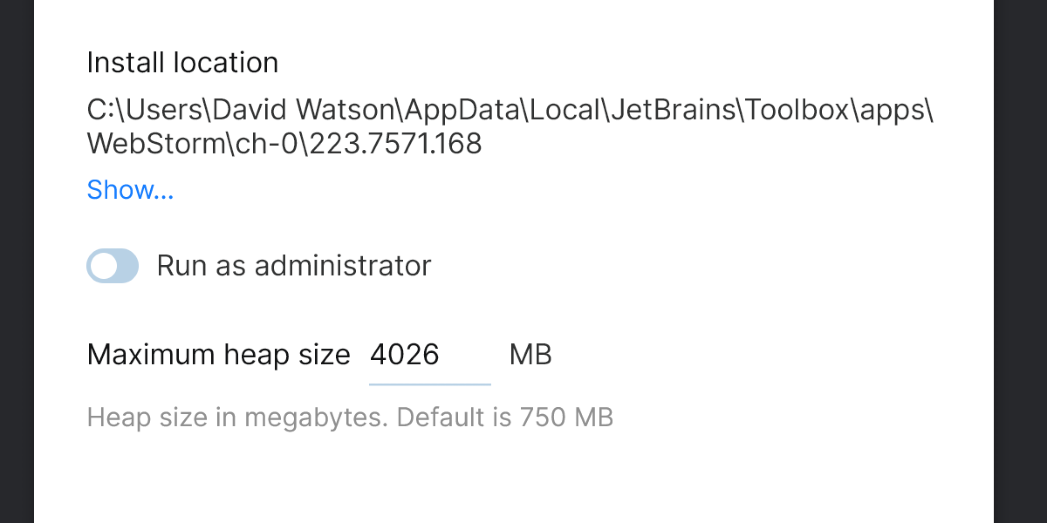 Increase memory heap from Toolbox app: configuration Increase memory heap from Toolbox app: configuration
