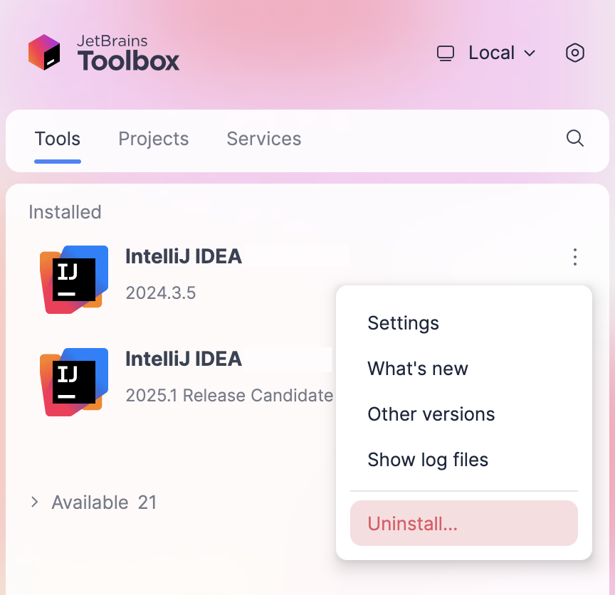 Uninstall IntelliJ IDEA using the Toolbox App Uninstall IntelliJ IDEA using the Toolbox App