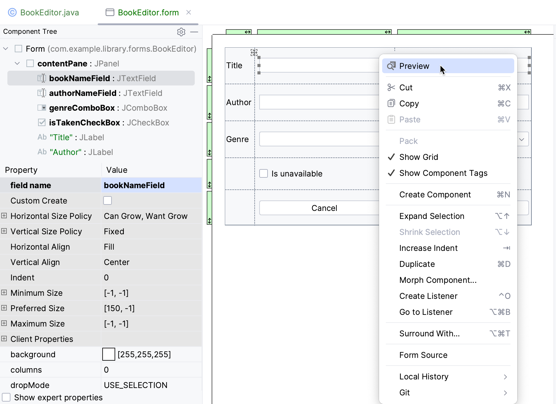 Preview the GUI form Preview the GUI form