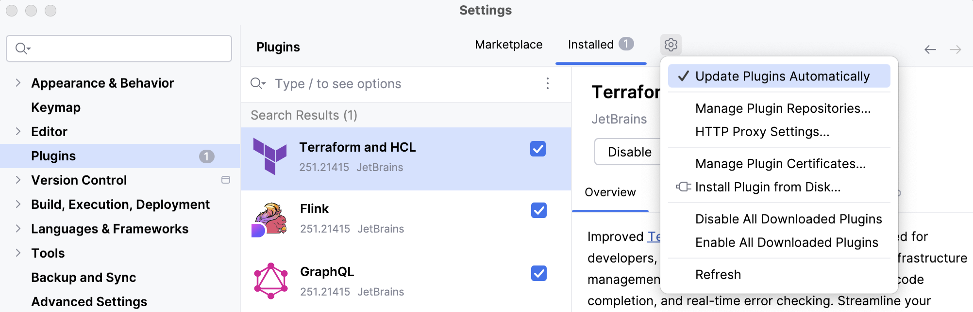 Settings dialog, Plugins page, gear icon menu open with Update Plugins Automatically option checked and highlighted. Settings dialog, Plugins page, gear icon menu open with Update Plugins Automatically option checked and highlighted.