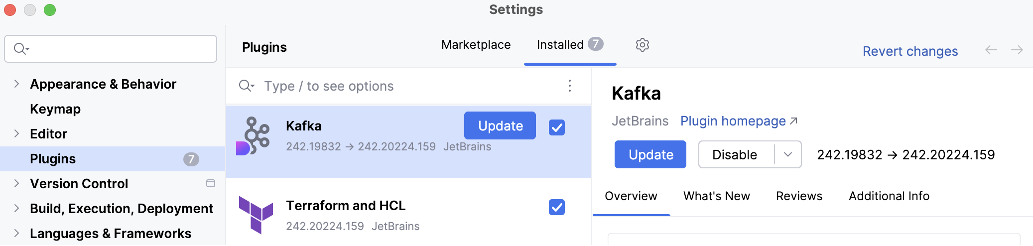 Installed plugins tab with Kafka plugin selected; Update button visible for the newer available version. Installed plugins tab with Kafka plugin selected; Update button visible for the newer available version.