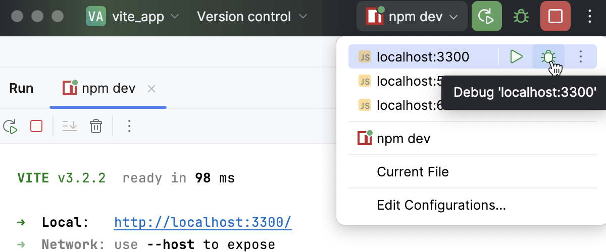 Run a JavaScript Debug configuration from the Run widget Run a JavaScript Debug configuration from the Run widget