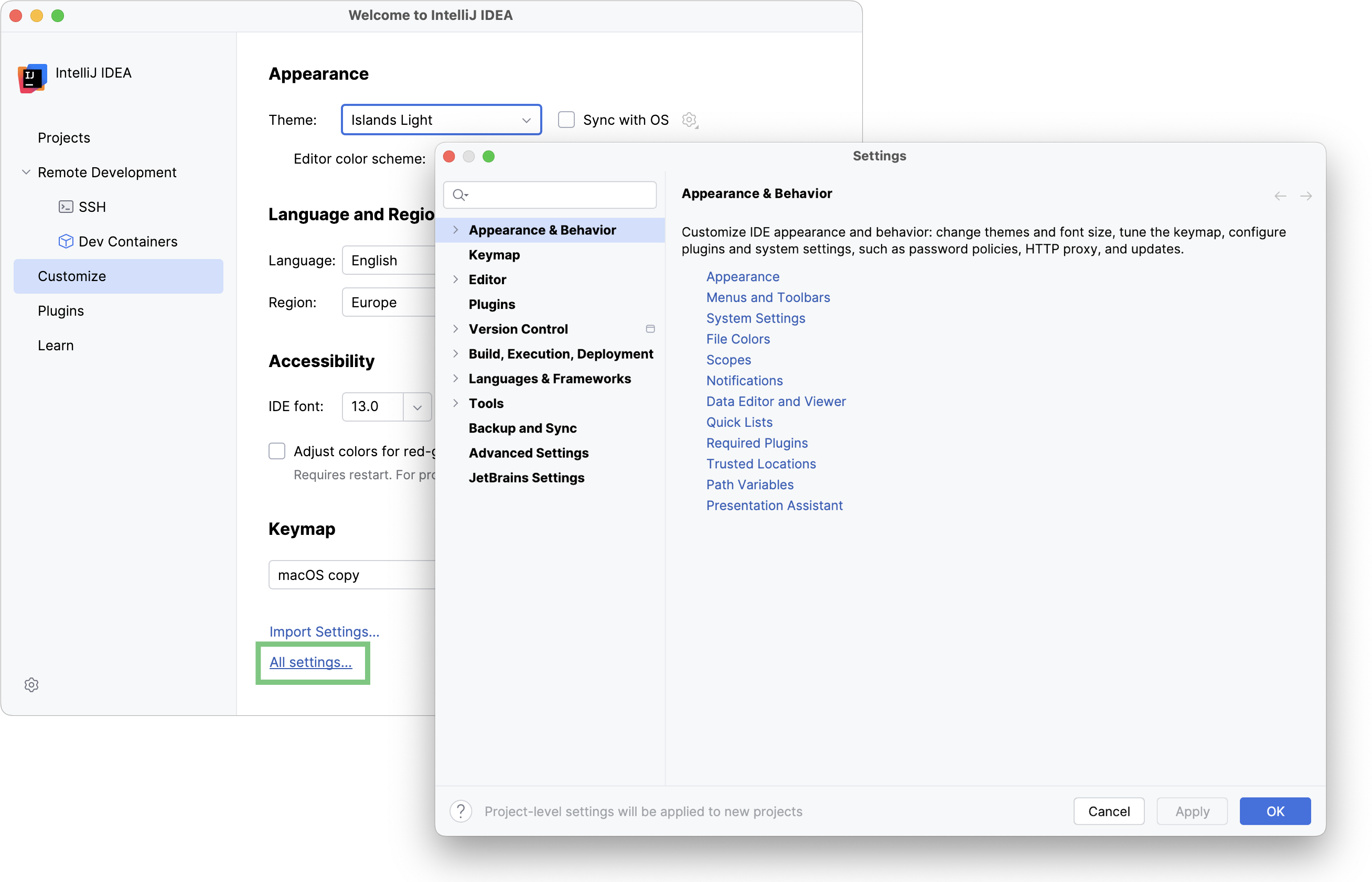 Configuring new default settings for projects Configuring new default settings for projects