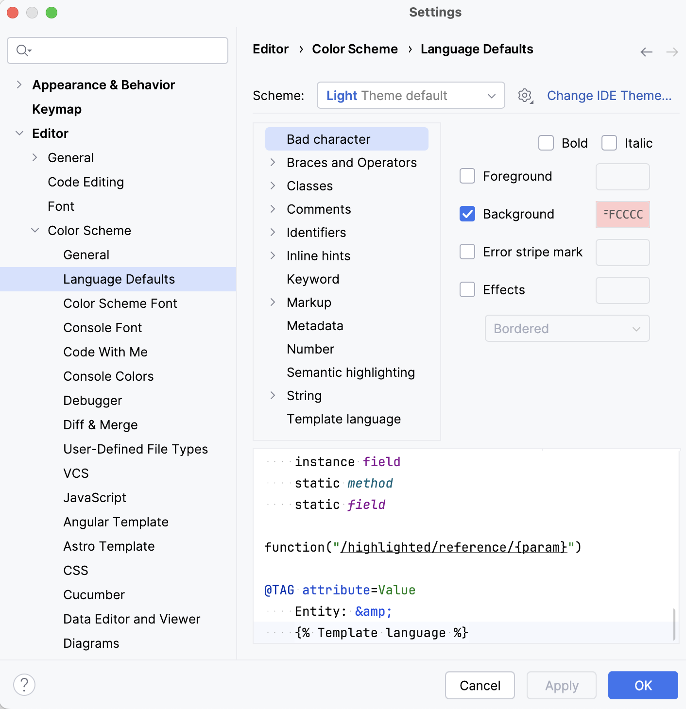 Language Defaults section under Color Scheme settings Language Defaults section under Color Scheme settings