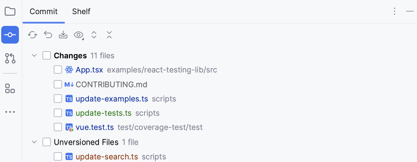 Files with various statuses in the Version Control tool window Files with various statuses in the Version Control tool window