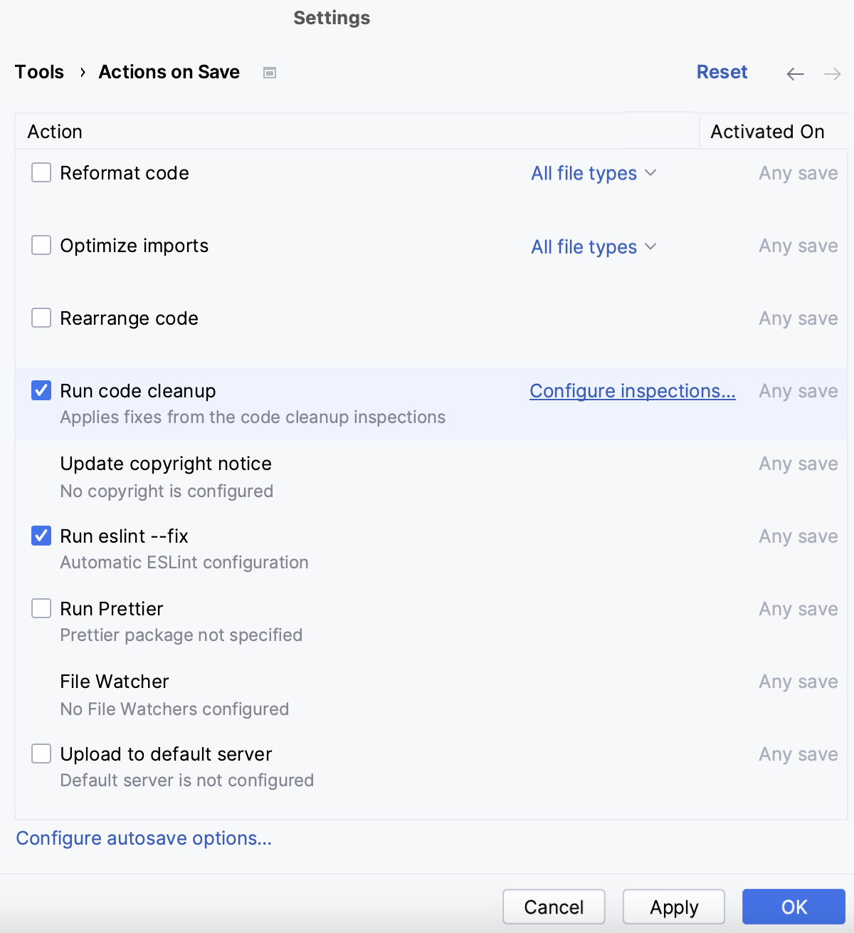 Enable code clean-up on save and configure the inspection Enable code clean-up on save and configure the inspection