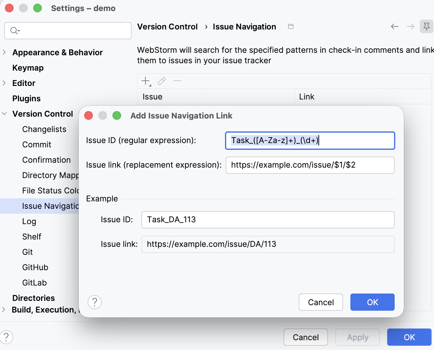 The Issue Navigation link dialog The Issue Navigation link dialog