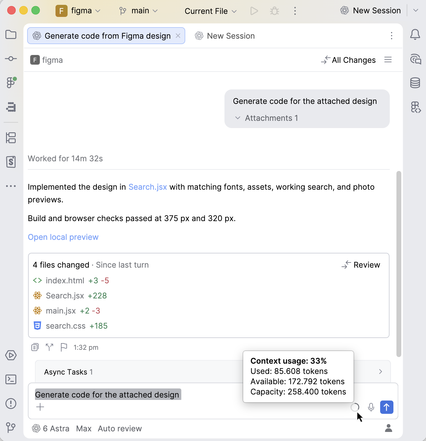 Agent Session View with the context indicator tooltip open, showing the percentage of context used and the used, available, and capacity token counts. Agent Session View with the context indicator tooltip open, showing the percentage of context used and the used, available, and capacity token counts.