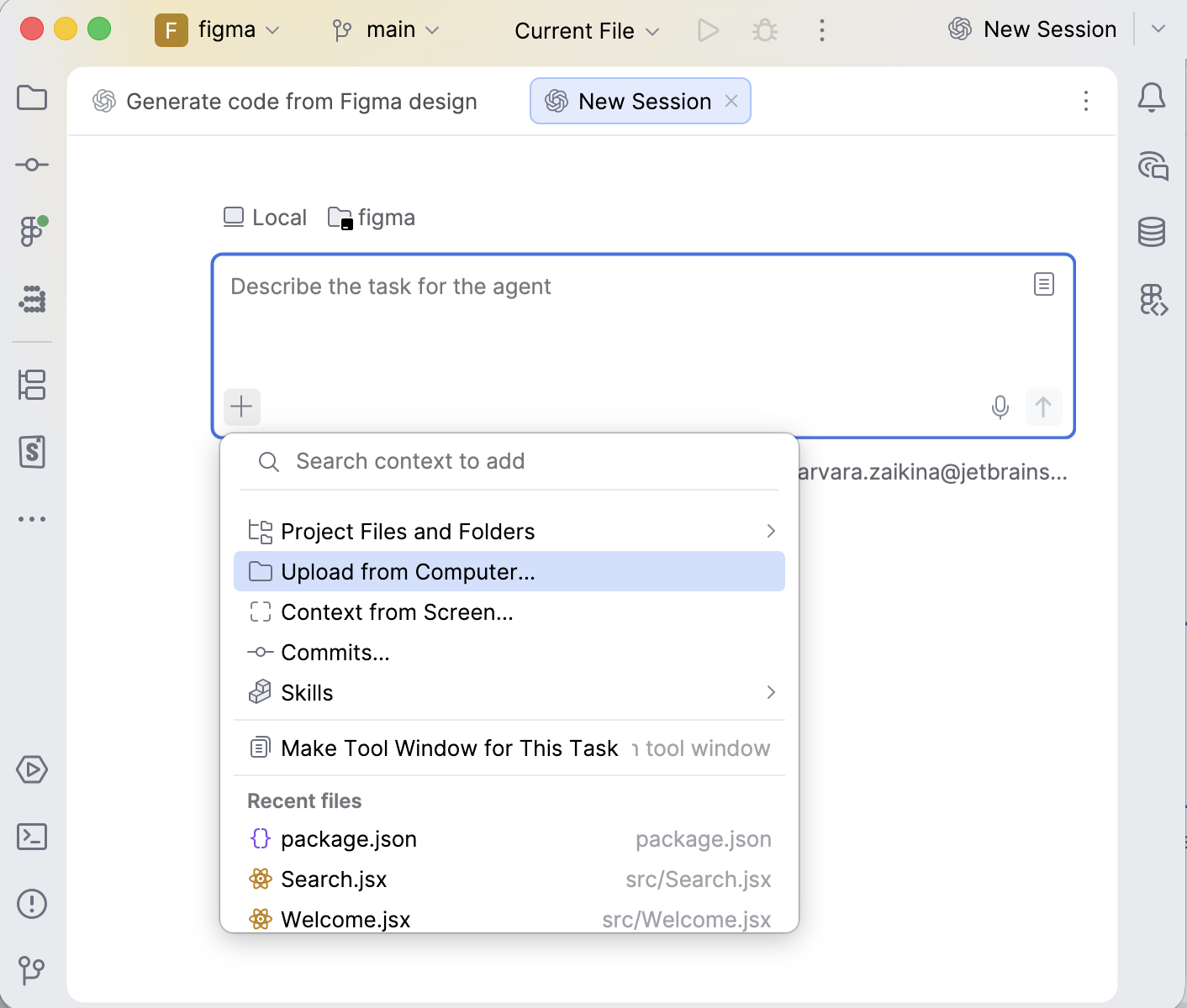 Context picker listing Project Files and Folders, Upload from Computer, Context from Screen, Commits, and Skills, plus a list of recent files. Context picker listing Project Files and Folders, Upload from Computer, Context from Screen, Commits, and Skills, plus a list of recent files.