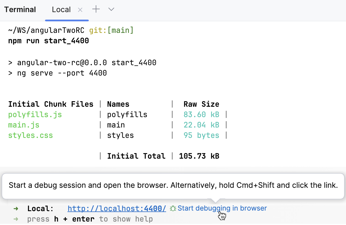 New Terminal: the Start debugging Angular in browser button New Terminal: the Start debugging Angular in browser button