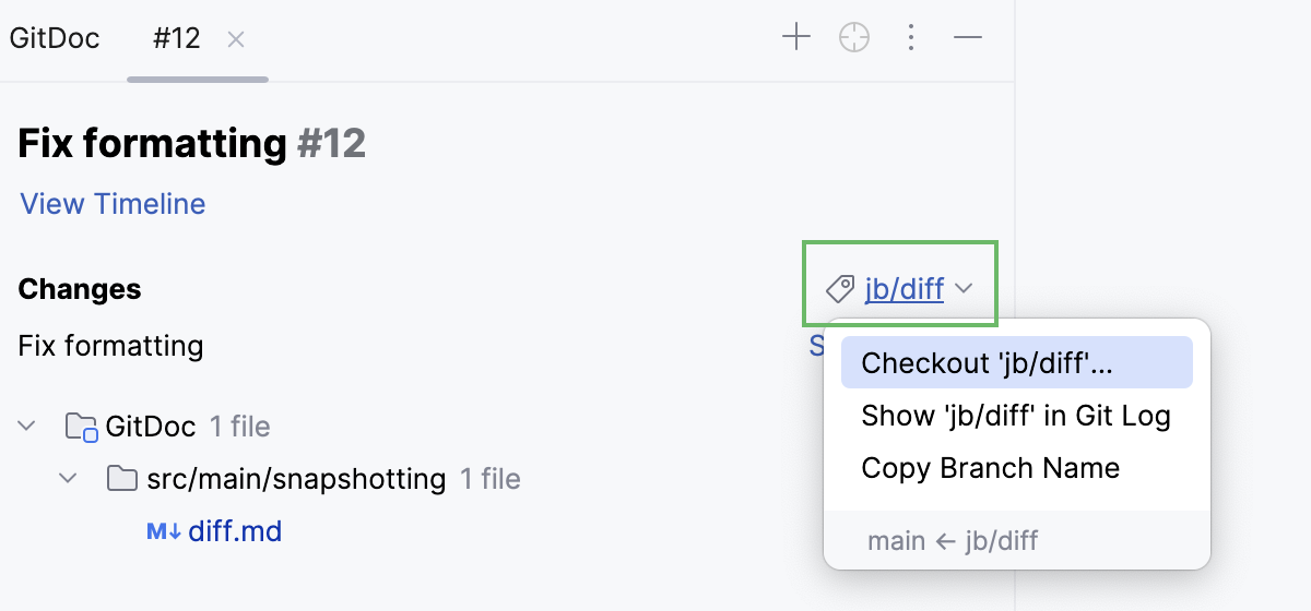 Checkout option in the pull request overview