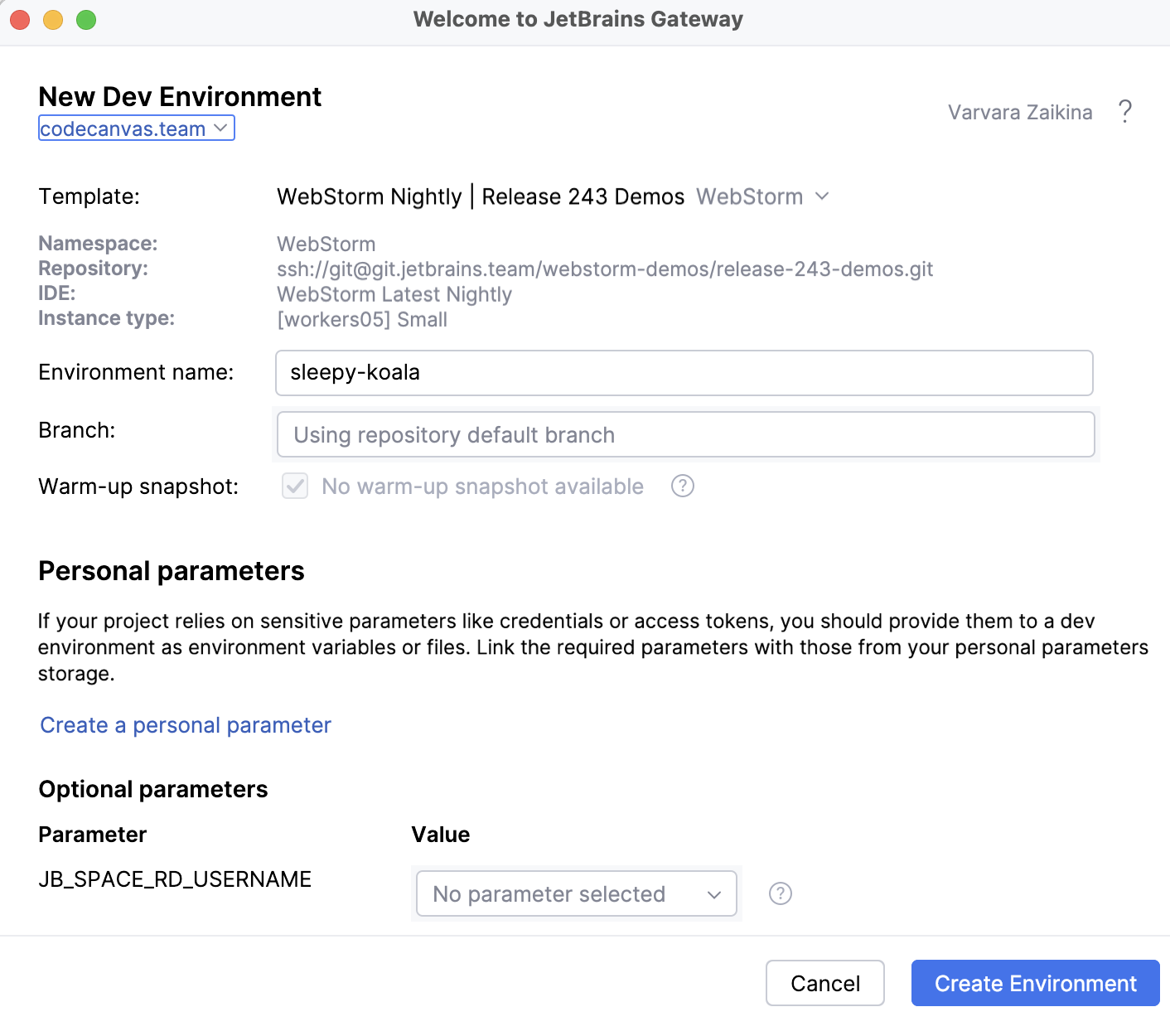 Create Environment - template selected Create Environment - template selected