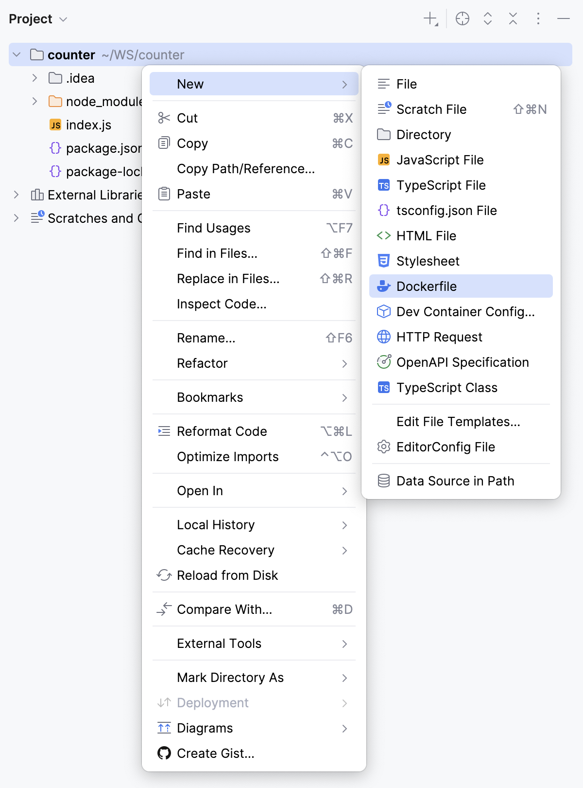 Create a Dockerfile - context menu Create a Dockerfile - context menu