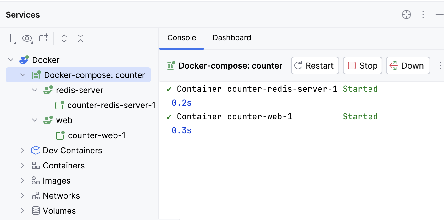 Services tool window with two containers running Services tool window with two containers running