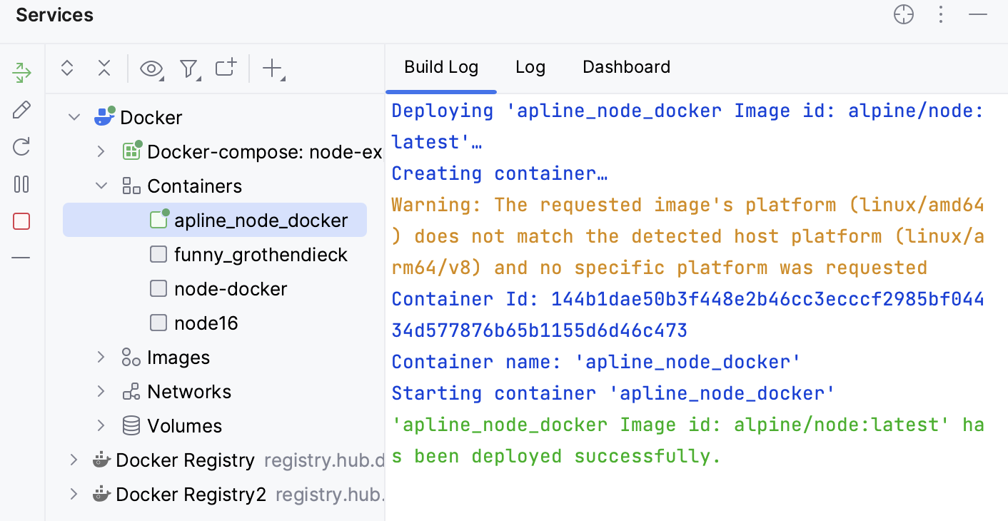 The Build Log tab of a container selected in the Services tool window The Build Log tab of a container selected in the Services tool window