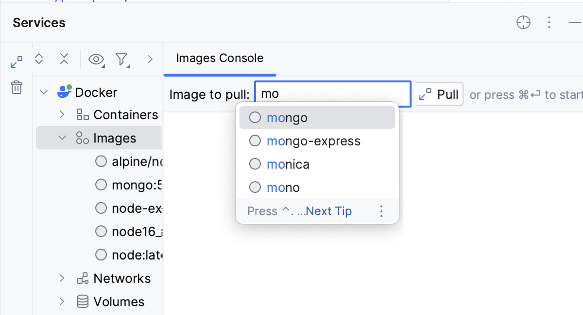 Docker tool window: pull image Docker tool window: pull image